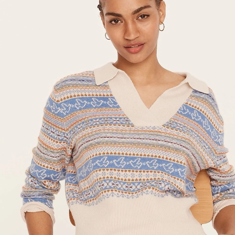 EUC J. Crew Lambs Wool Blend Fair Isle Collared Sweater Blue Orange Cream Birds
